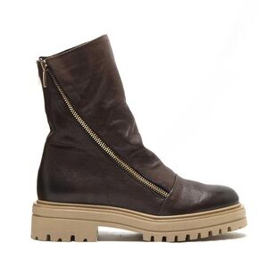 Brown & Tan Michele Lopriore Arizona Combat Moto Boots with Diagonal Zipper